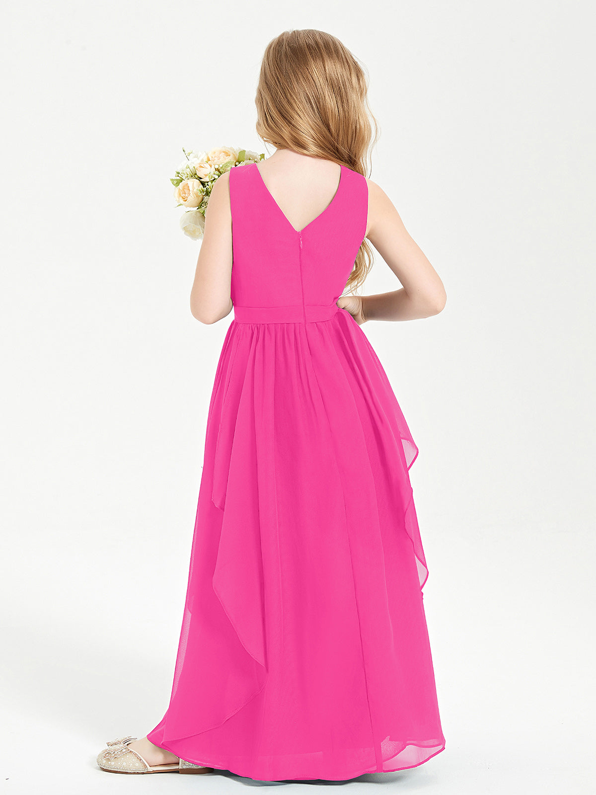 Boho Sleeveless Junior Chiffon Bridesmaids Gown Fuchsia